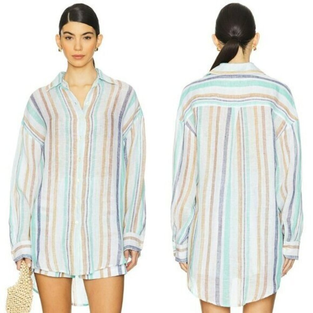 Vitamin A Playa Linen Boyfriend Shirt - Tidal Stripe